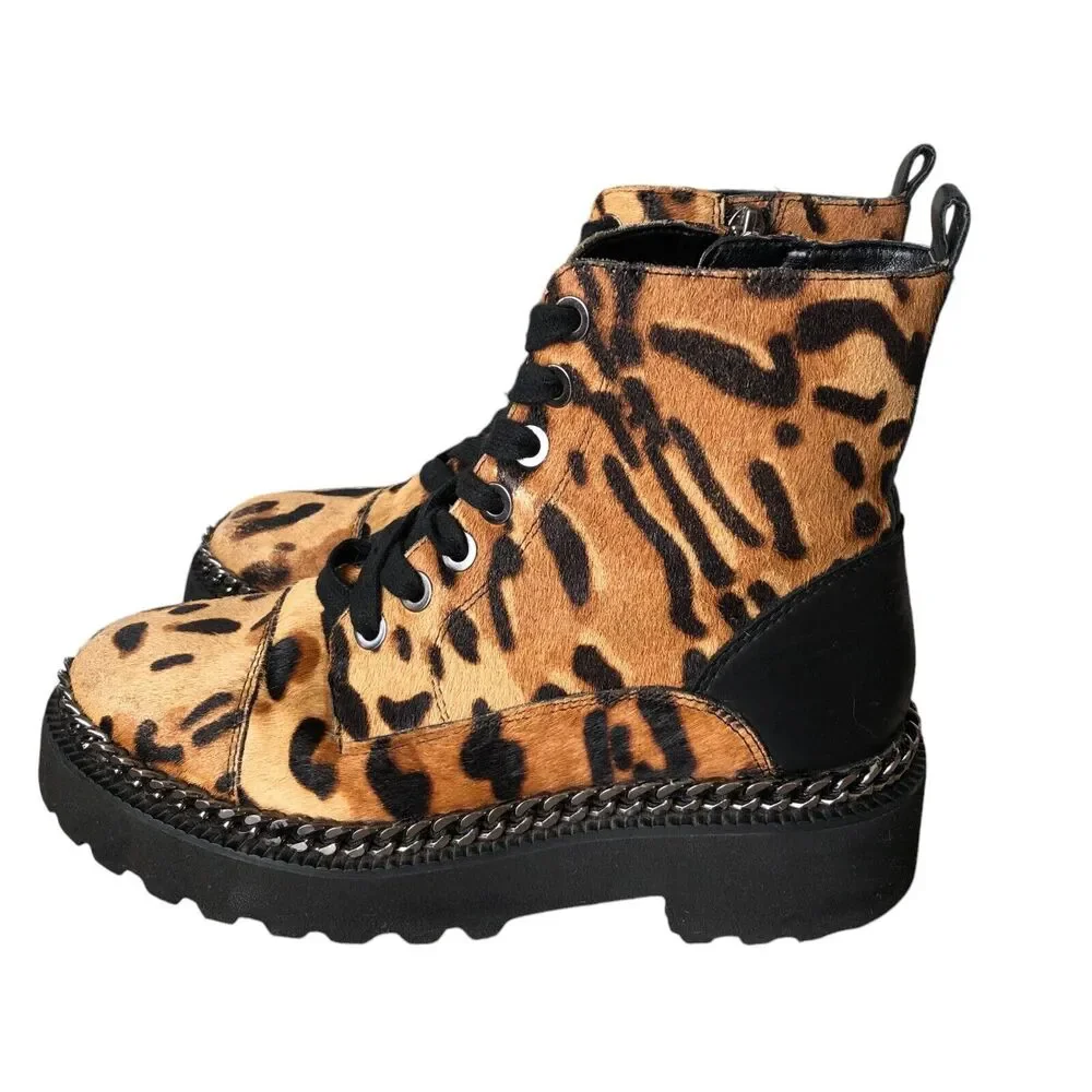 Vince Camuto Mindinta Cowhair and Leather Leopard Print Combat Ankle Boots 5.5‎